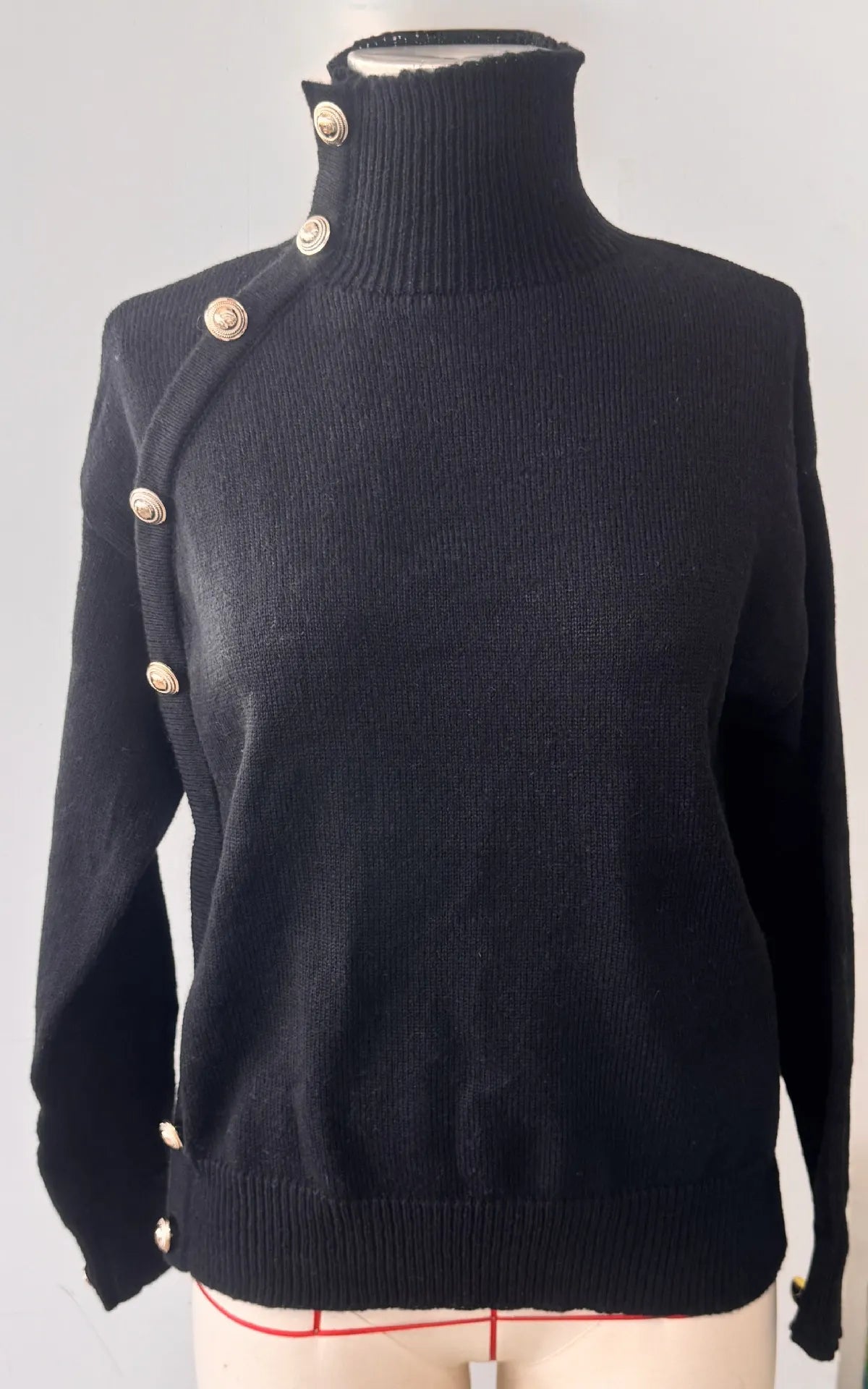 Chic Blue Turtleneck Knit Sweater, Statement Side Gold Buttons Casual Fall Winter Top
