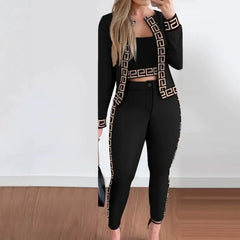 Elegant Plaid 3 Piece Suit, Long Sleeve Contrast Trim Jacket Cami And High Waist Trousers