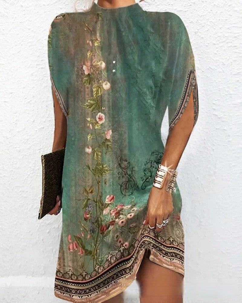 Floral Print High-Neck Batwing Sleeve Dress