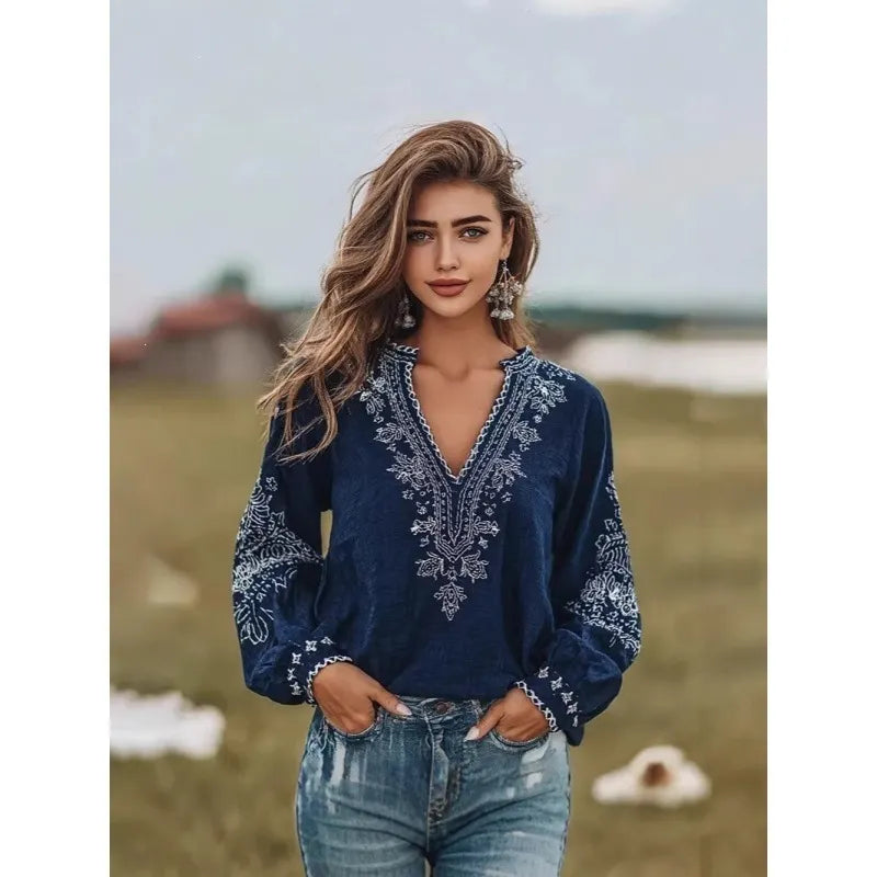 3D Digital Print V-Neck Lantern Long Sleeve Retro Casual Blouse