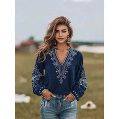 3D Digital Print V-Neck Lantern Long Sleeve Retro Casual Blouse