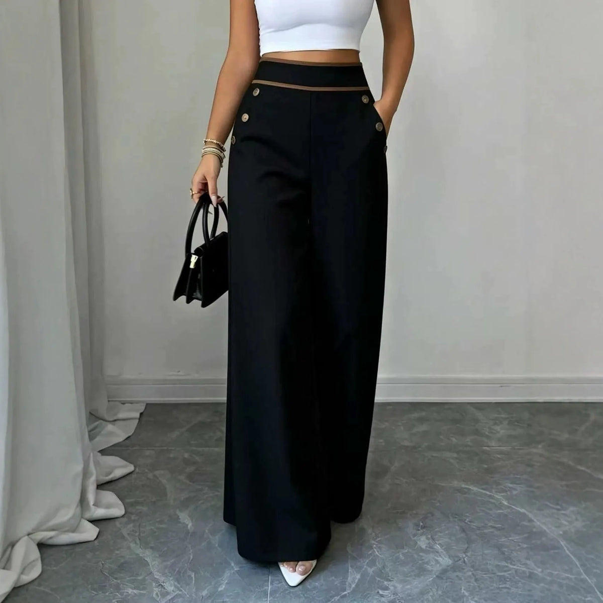 High Waist Button Decor Wide Leg Suit Pants
