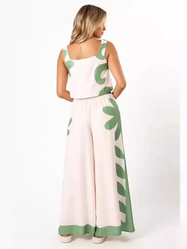 Green White Floral Print Sleeveless Top & Wide Leg Pants Two Piece Set