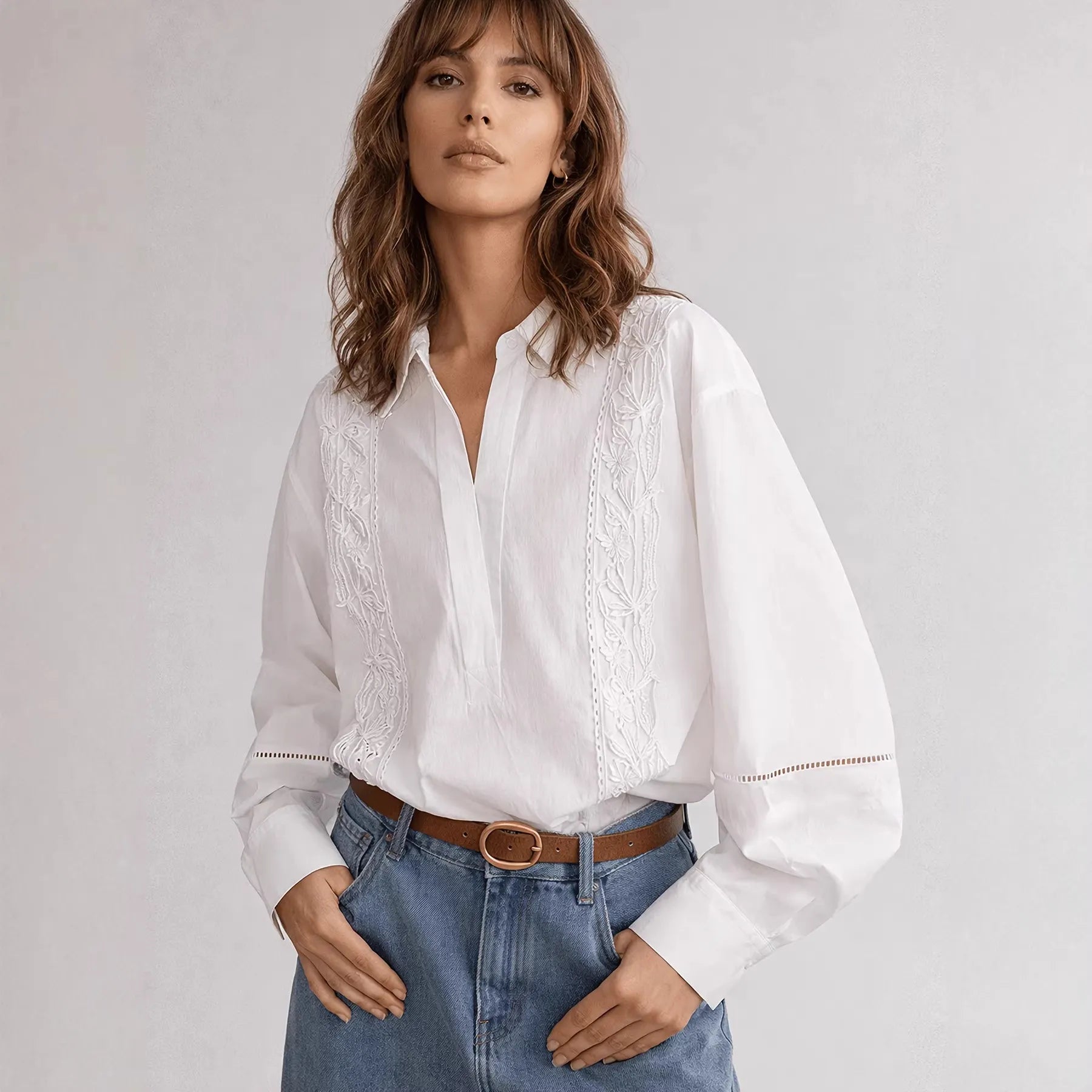 White Floral Embroidery Eyelet Collar Oversized Long Sleeve Cotton Shirt