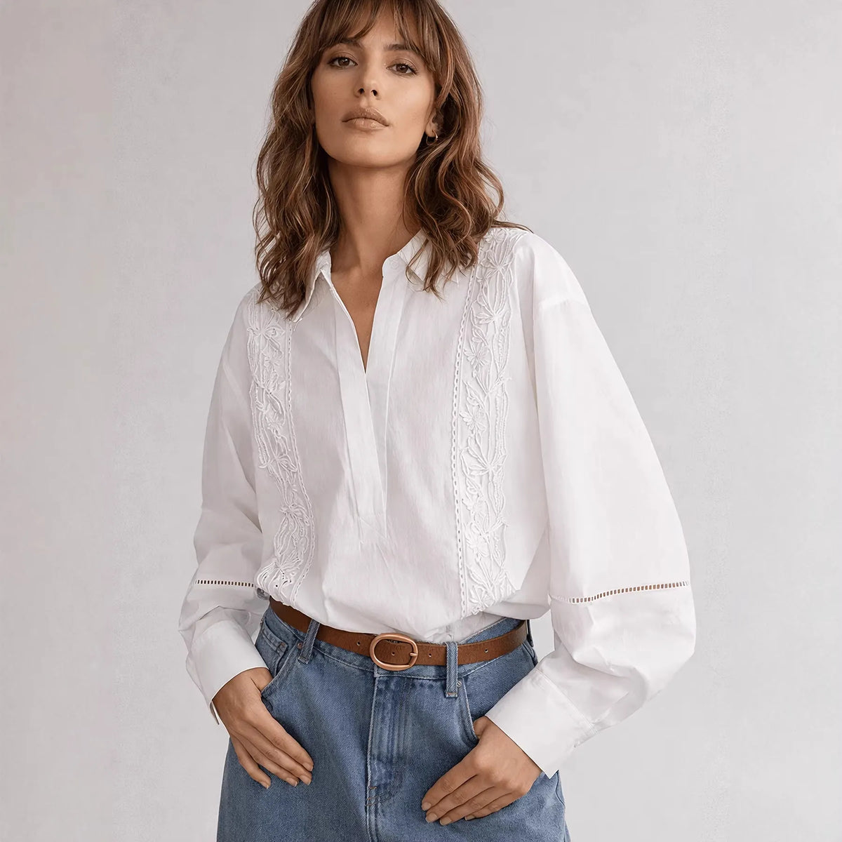 White Floral Embroidery Eyelet Collar Oversized Long Sleeve Cotton Shirt