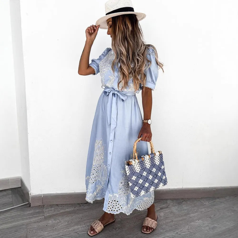 Eyelet Embroidered Button Down Midi Dress