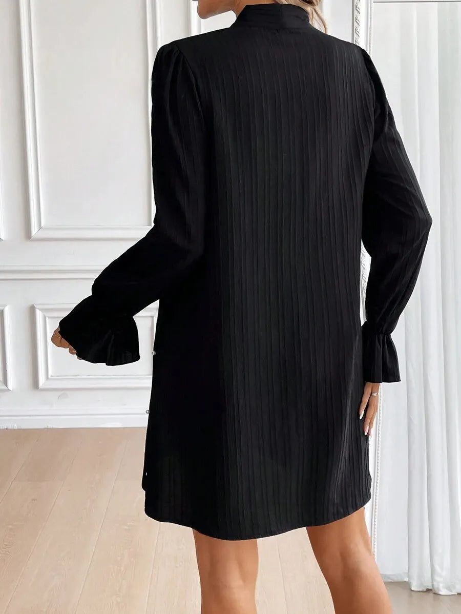 Bow Tie Pearl Long Sleeve Shift Mini Dress