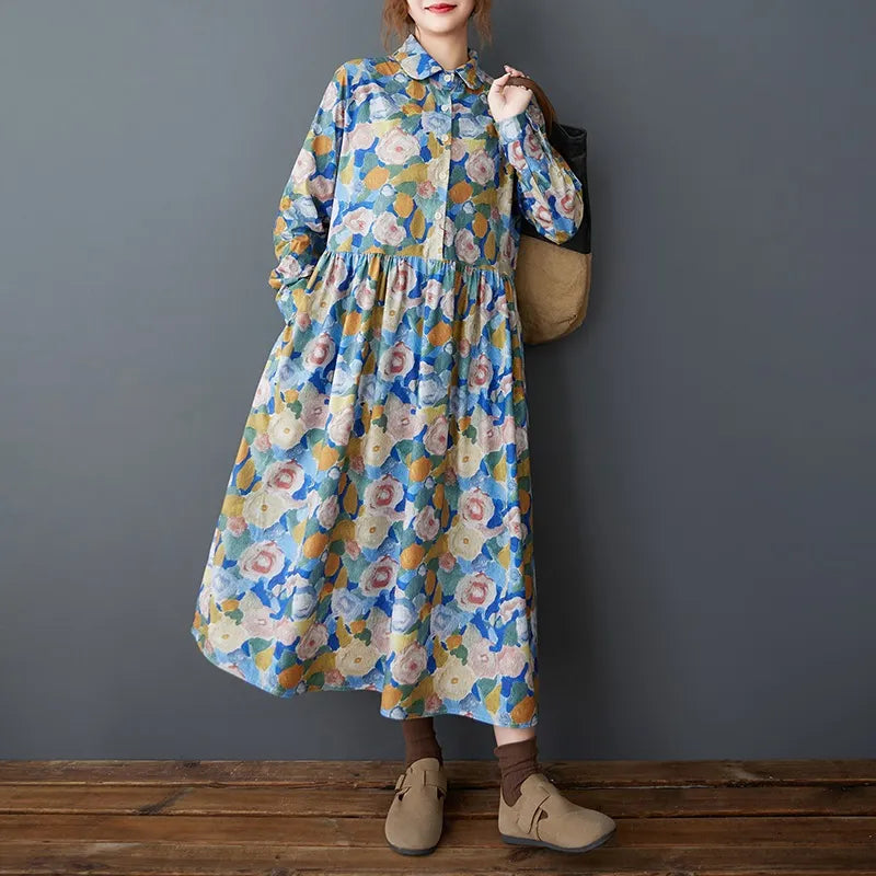 Floral Turn-Down Collar A-Line Midi Dress