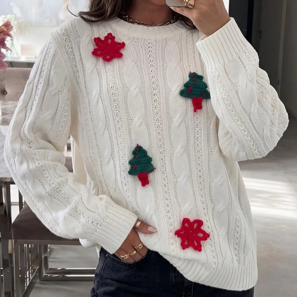 3D Christmas Tree Snowflake Cable Knit Sweater Crew Neck Long Sleeve Holiday Pullover