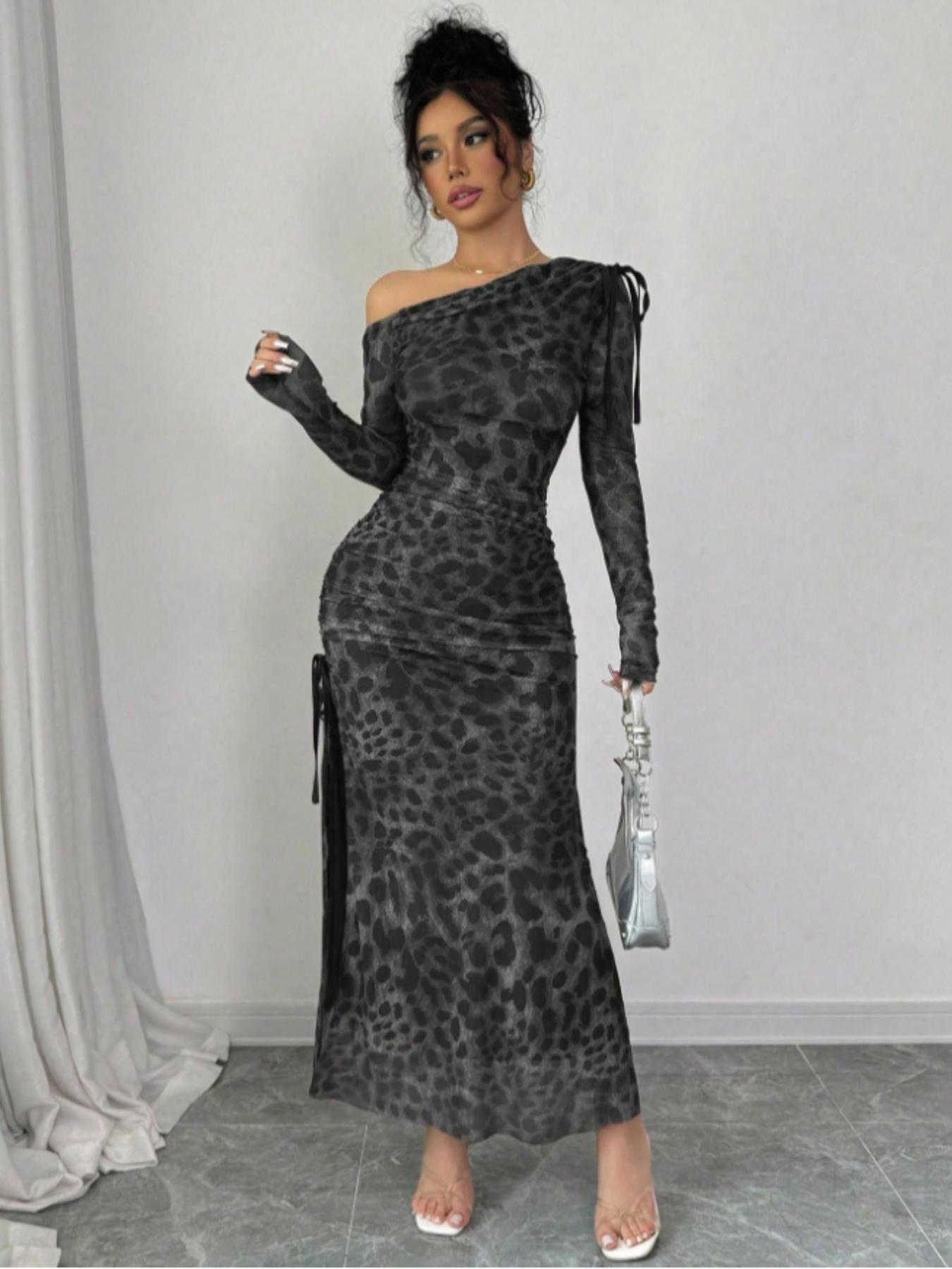 Leopard Print Off-Shoulder Ruched High Slit Long Sleeve Maxi Dress