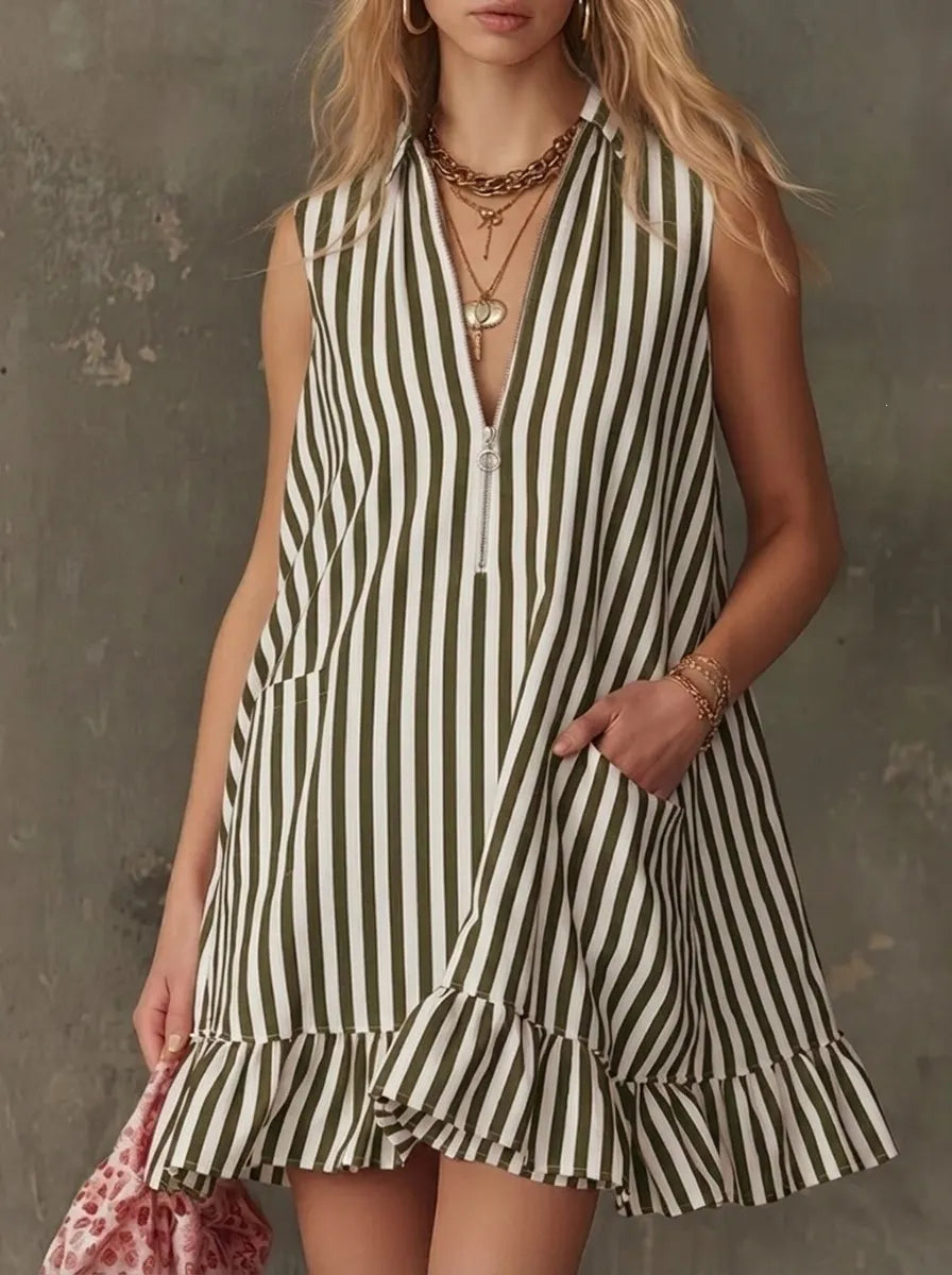 V-Neck Sleeveless Striped Ruffle Hem Loose A-Line Mini Dress
