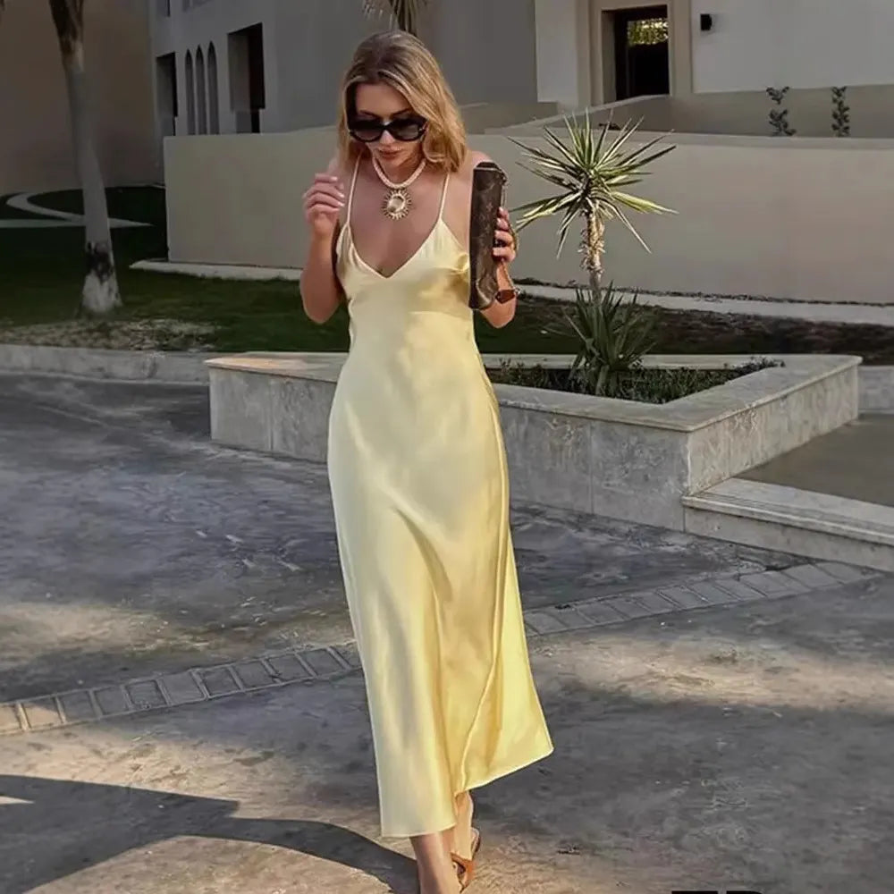 Solid Color Satin V-Neck Spaghetti Strap Maxi Slip Dress