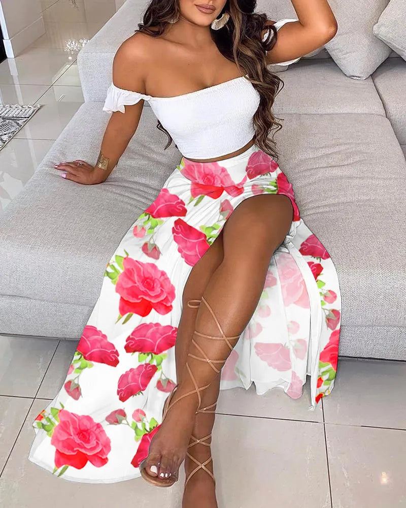 Off Shoulder Ruffle Crop Top & Floral Print High Slit Maxi Skirt 2 Piece Outfit Set