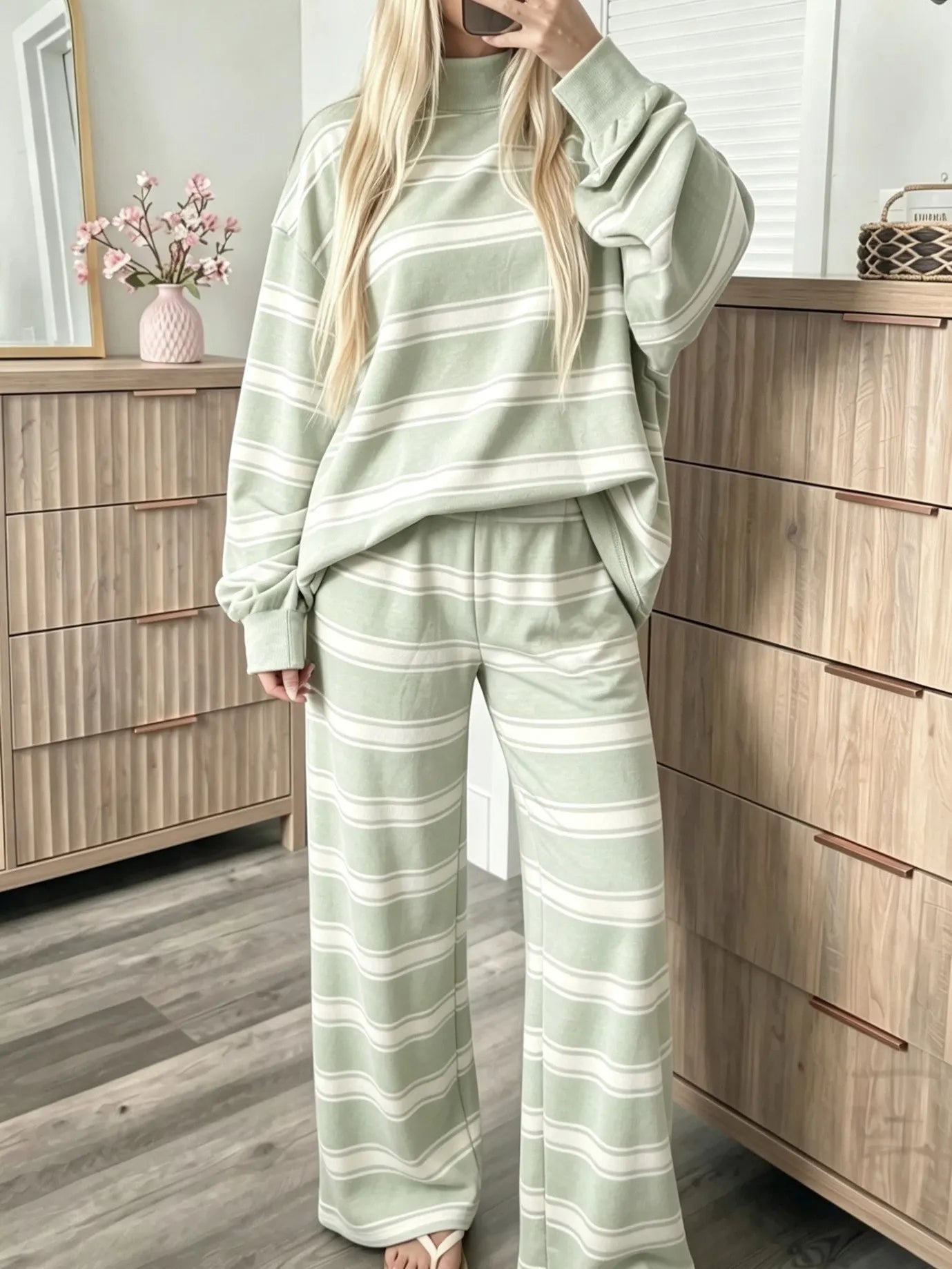 Casual Striped Matching Two Piece Set, Cozy Mock Neck Sweatshirt and Wide Leg Trousers