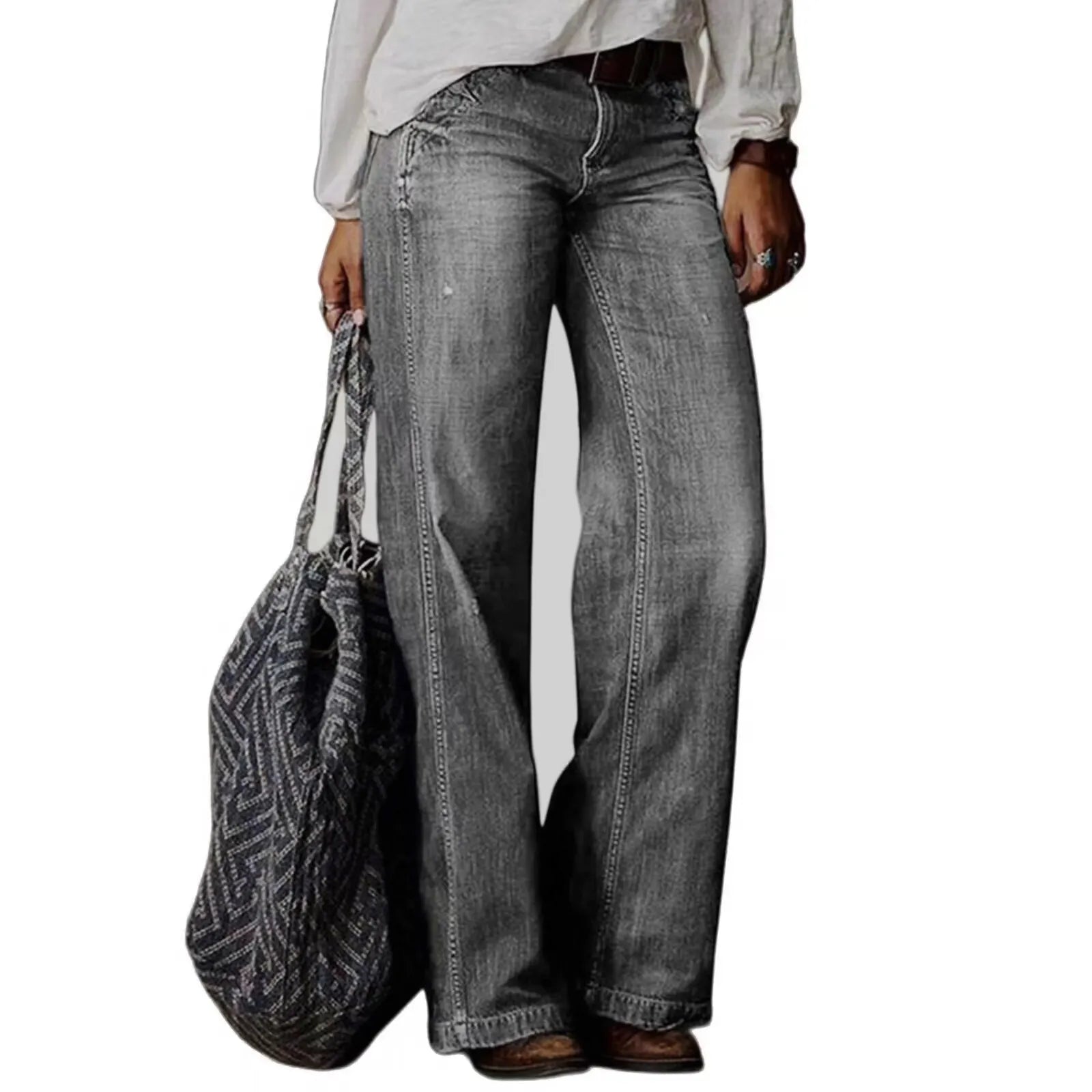 Mid Waist Printed Loose Straight Long Jeans