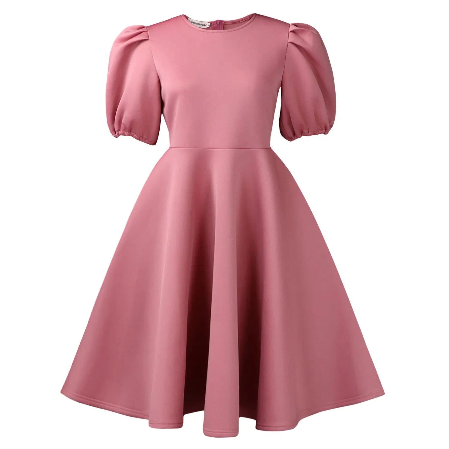 Plus-Size Pink Puff Sleeve Fit-and-Flare Midi Dress