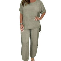 Solid Color Two-Piece Casual Loungewear Set (Top + Wide Leg Pants)