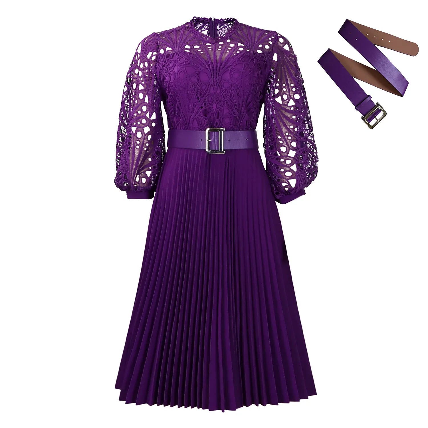 Lace Patchwork Pleated Midi Dress