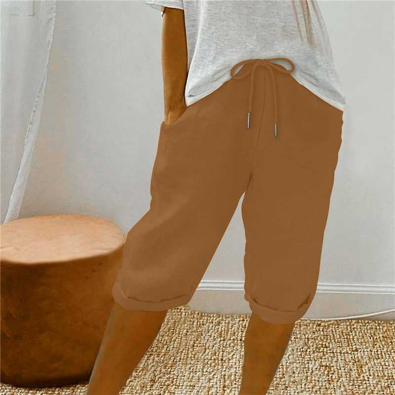 Cotton Linen Drawstring Waist Capri Pants,