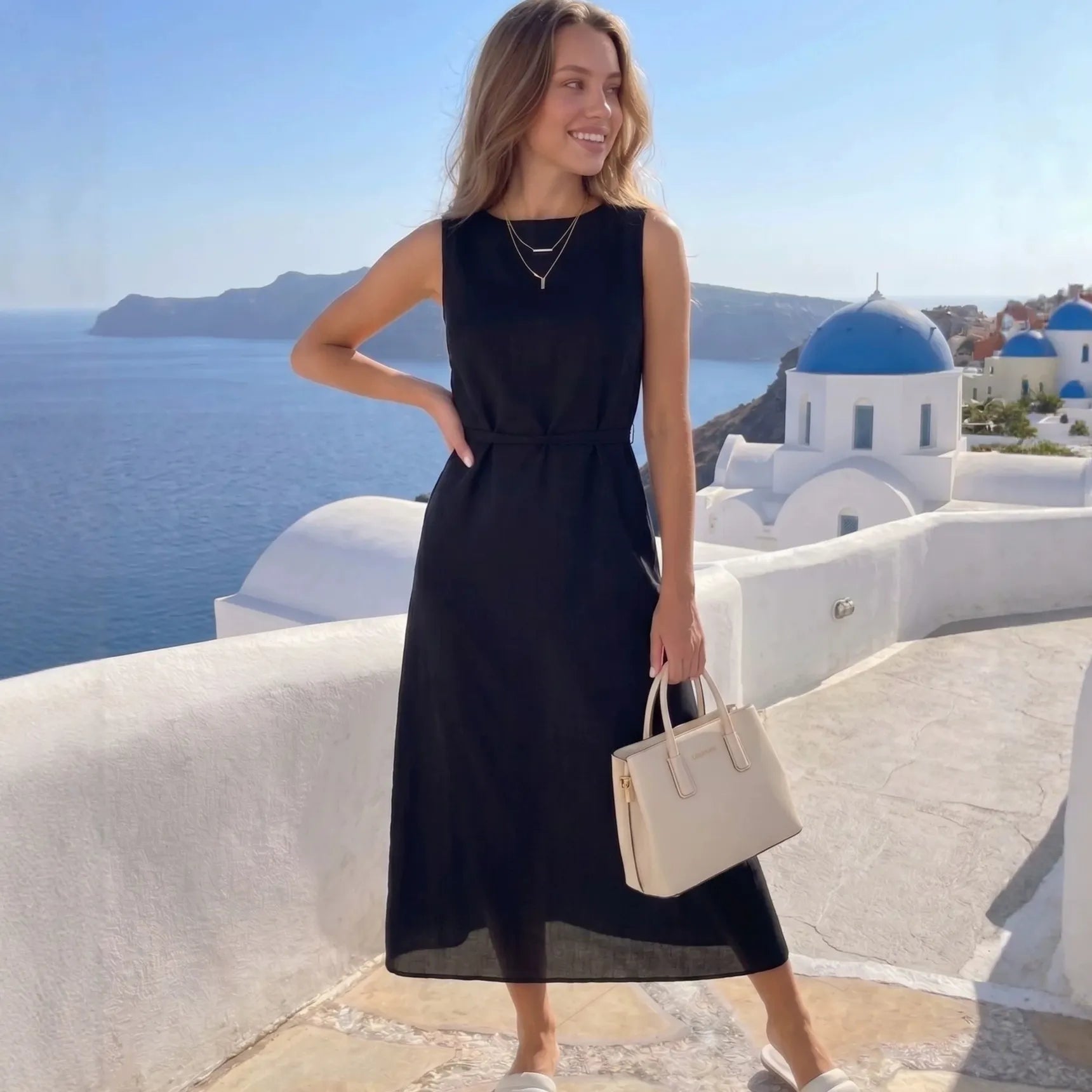 Solid Round Neck Sleeveless Straight A-Line Long Midi Dress
