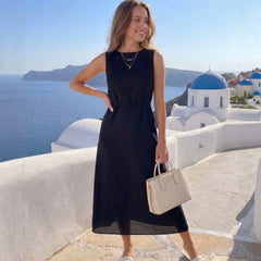 Solid Round Neck Sleeveless Straight A-Line Long Midi Dress
