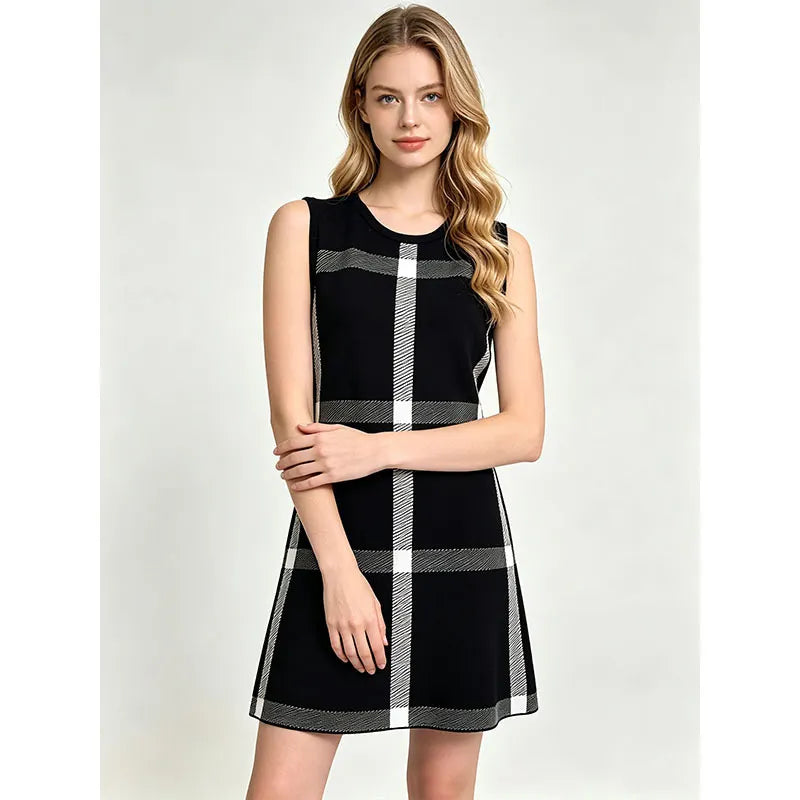 Plaid Sleeveless A-line Knit Dress