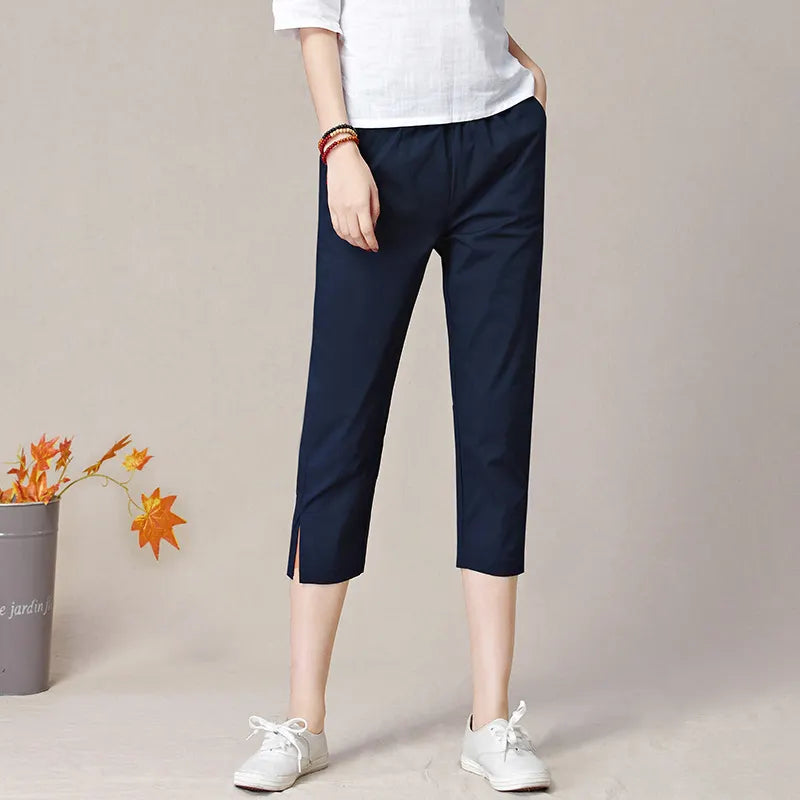 Mid Waist Elastic Waist Split Hem Straight Cropped Commuter Casual Pants