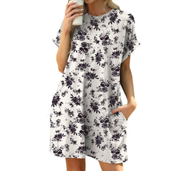Round Neck Floral Print Loose A-Line Mini Dress With Side Pockets Casual Campus Daily Commuter Dress