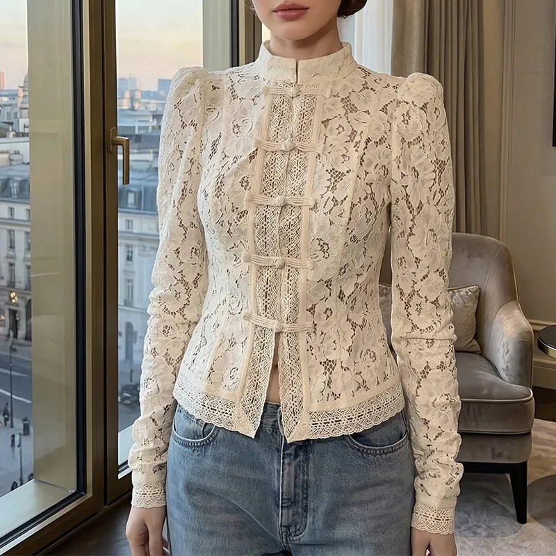 Stand Collar Floral Lace Bubble Long Sleeve Slim Fit Frog Button Blouse