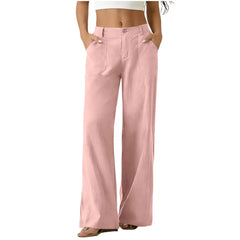High Waist Patch Pocket Casual Linen Wide Leg Floor Length Pants