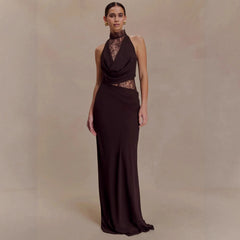 Chocolate Brown Halter Maxi Dress, Lace Cutout Backless Formal Gown