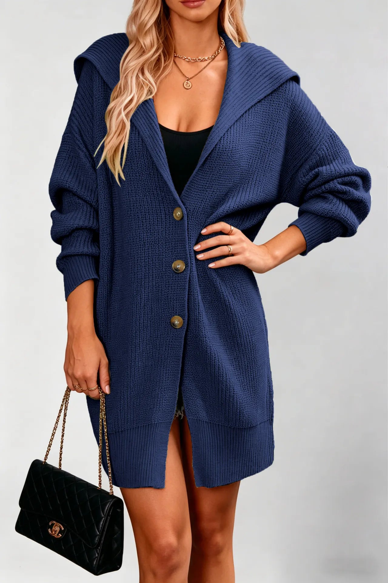 Waffle Knit Lapel Button Midi Pocket Cardigan Sweater