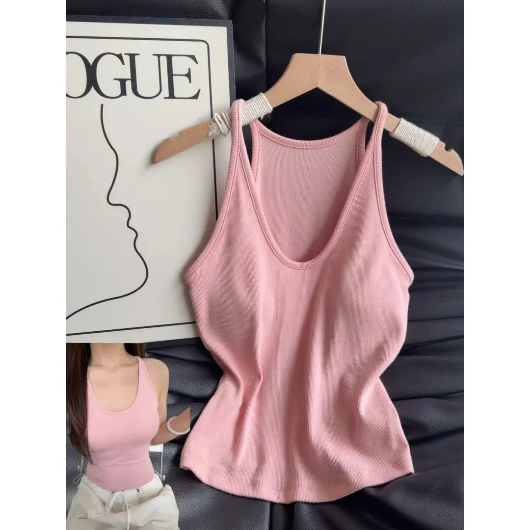 Basic U Neck Spaghetti Strap Ribbed Casual Cami Top