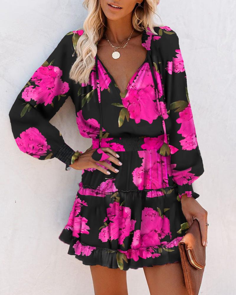 Red Leopard Print V-Neck Mini Dress - Long Sleeve Ruffle Hem Party Dress