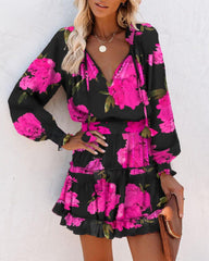 Red Leopard Print V-Neck Mini Dress - Long Sleeve Ruffle Hem Party Dress