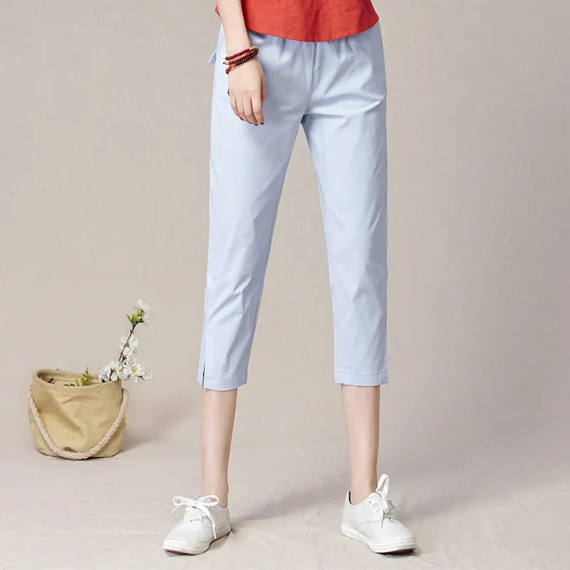 Mid Waist Elastic Waist Split Hem Straight Cropped Commuter Casual Pants
