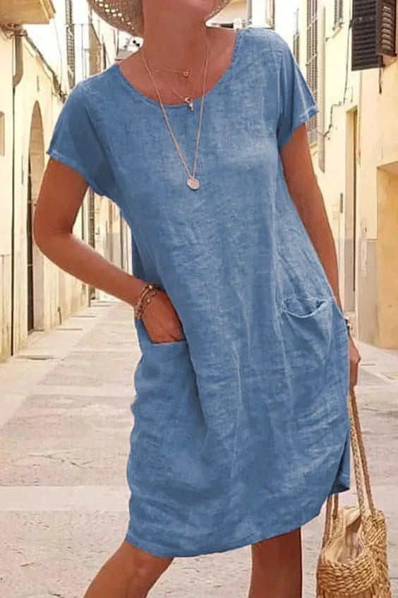 Solid Color Cotton Linen Short Sleeve Midi Dress,