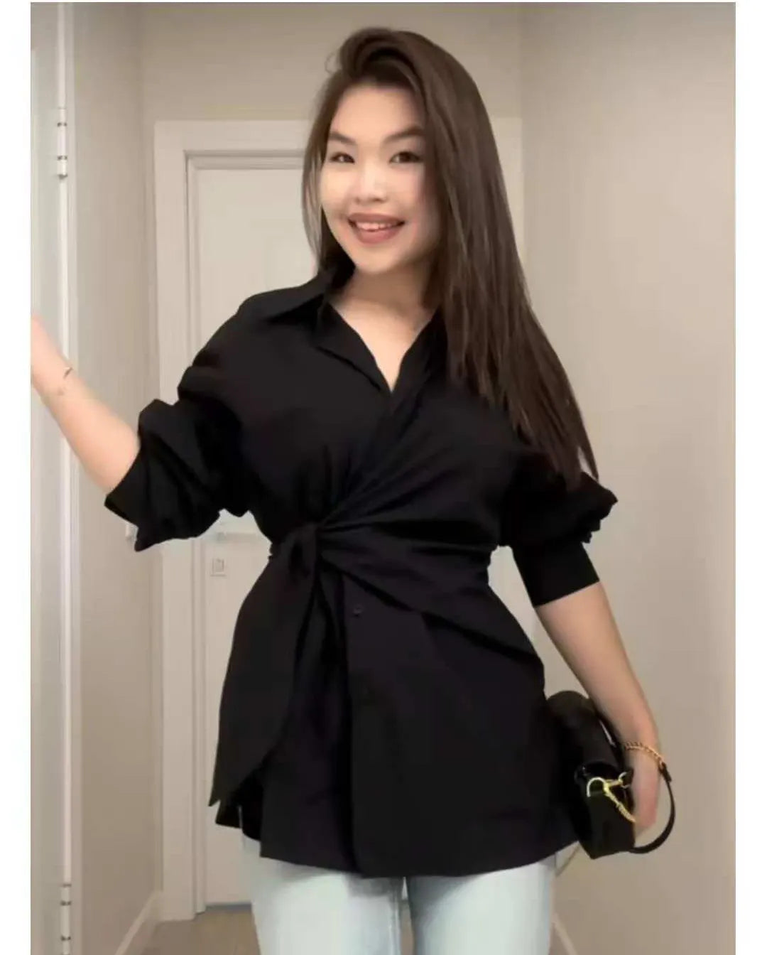 Waist Tie Wrap Slimming Button Down Shirt