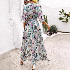 V-Neck 3/4 Sleeve Floral Print High Waist Split Maxi Dress