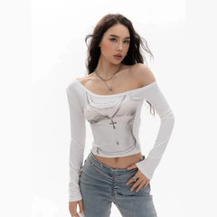 Diagonal Off Shoulder Graphic Print Slim Fit Long Sleeve Cropped T-shirt