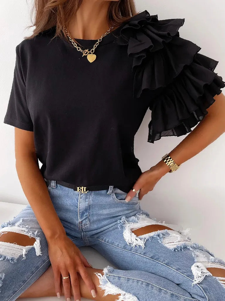 One Shoulder Ruffle Sleeve T-Shirt