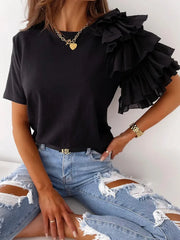 One Shoulder Ruffle Sleeve T-Shirt