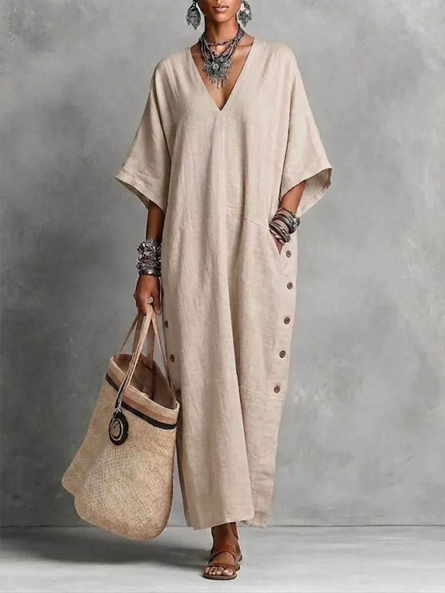 Apricot Cotton Linen V-Neck Button Detail Maxi Dress