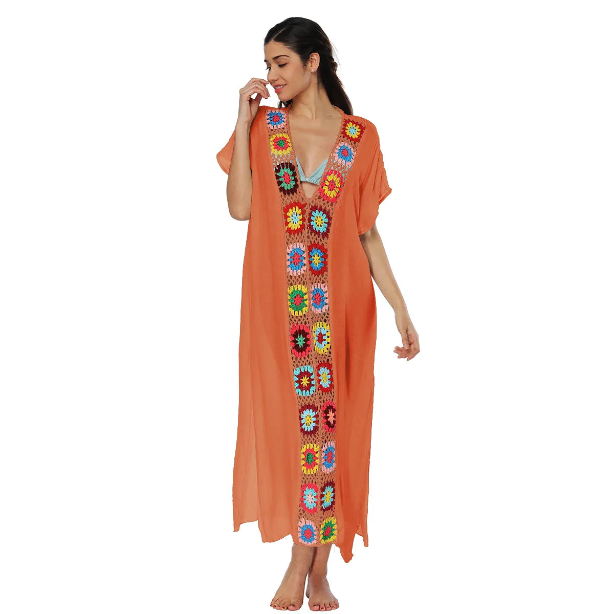 Colorful Crochet V-Neck Batwing Sleeve Loose Long Cover-Up Dress