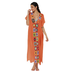 Colorful Crochet V-Neck Batwing Sleeve Loose Long Cover-Up Dress