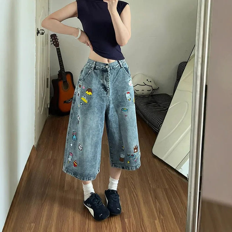 High Waist Cartoon Patch Wide Leg Cropped Jeans