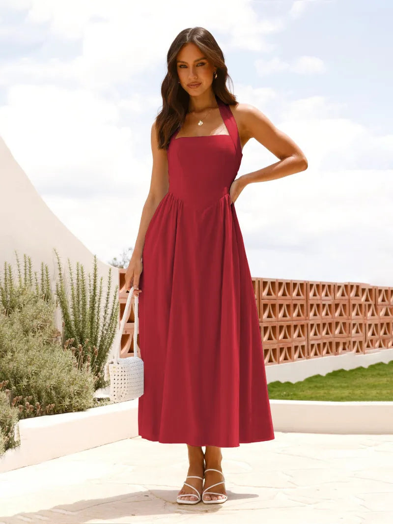 Halter Neck Flared Midi Dress