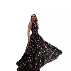 Deep V Sleeveless 3D Floral Embroidery Tulle Maxi Evening Dress