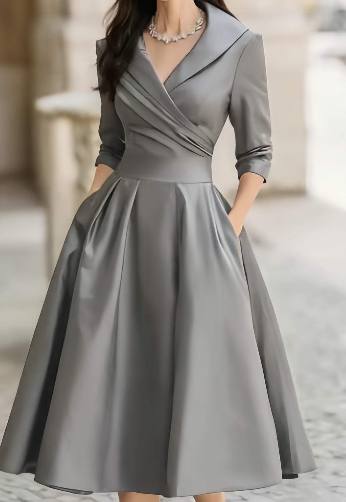 Lapel Collar Ruched Wrap Front 3/4 Sleeve A Line Midi Cocktail Dress