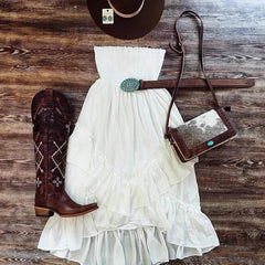 Strapless Tiered Ruffle Asymmetric White Boho Midi Dress